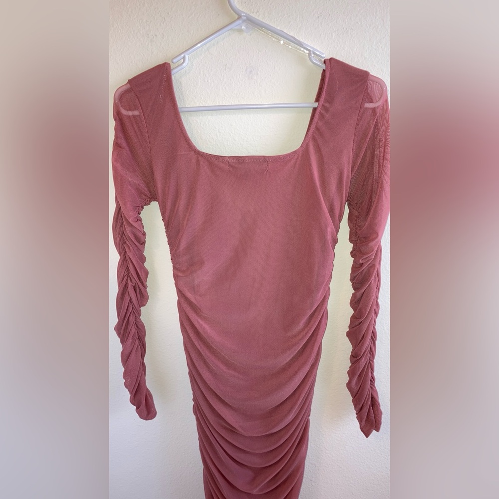 Almost Famous Ruched Bodycon Mesh Dress in Blush - Picture 10 of 10